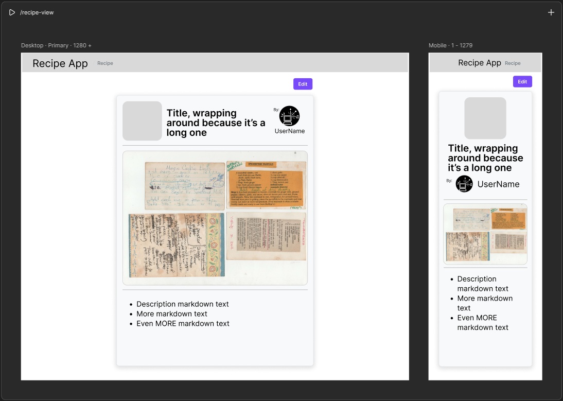 Recipe view page - desktop and mobile layouts